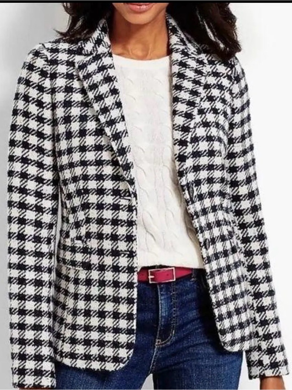 Talbots Wool Houndstooth Tweed Blazer Black White‎ w/Pink/Blue Speckles  10P